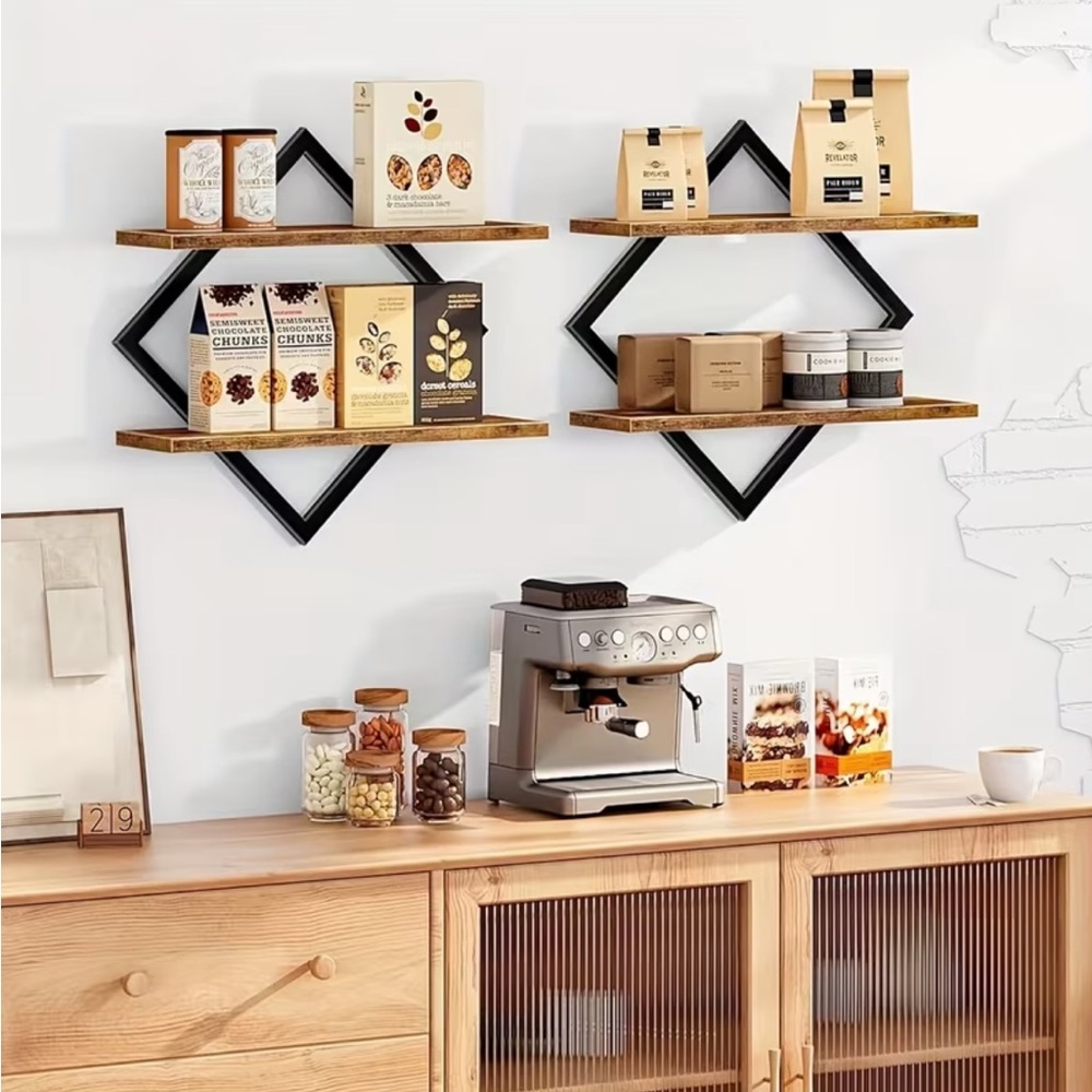 💠 Petite Black and Brown Diamond Floating Wall Shelves – Set of 2 Units - Picture 2 of 13